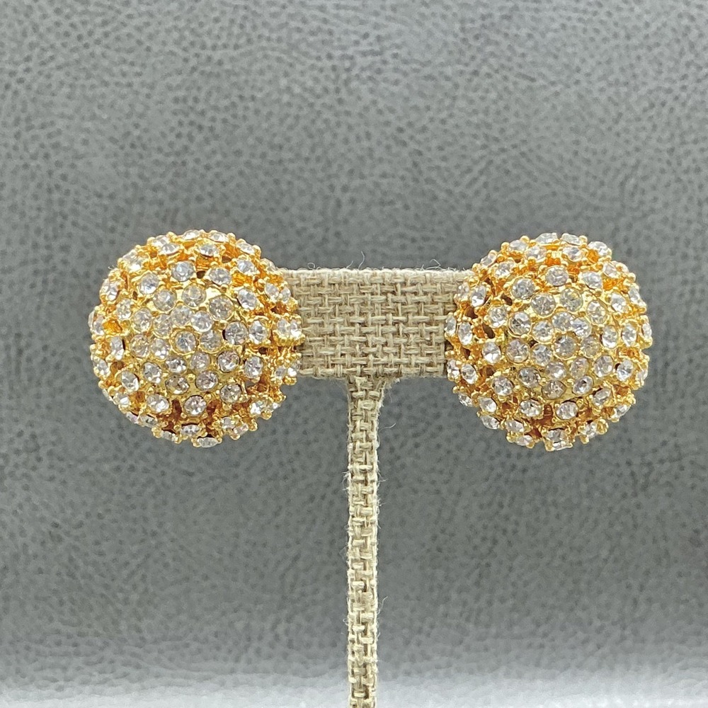 Earrings Gold Tone Crystal Round Dome‎ Stud Womens Clip On Statement Jewelry 1"